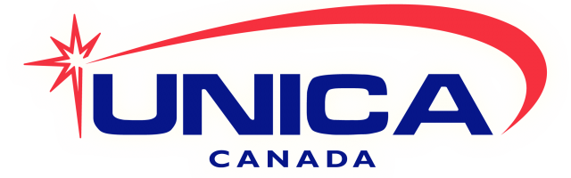 Logo UNICA bleu, courbe rouge étoilée, CANADA dessous. Secteur : hygiène, entretien, nettoyage écologique et emballages.