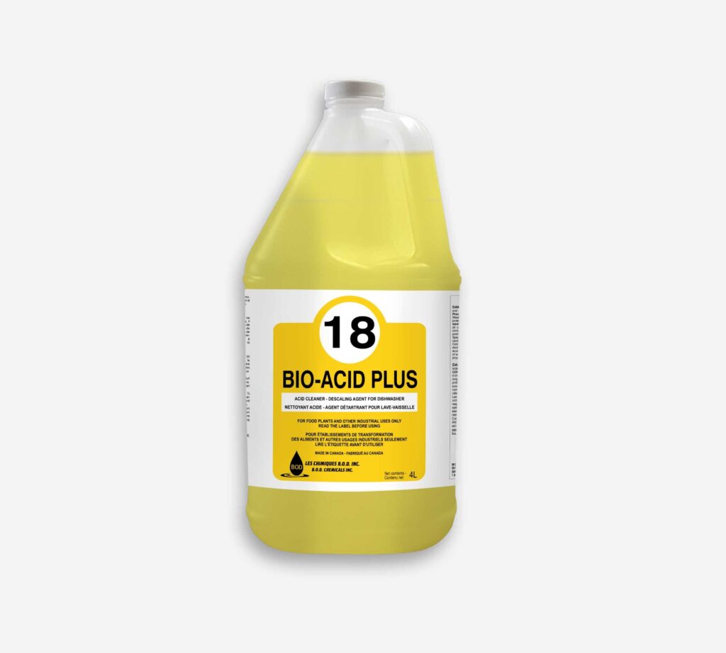Nettoyant acide BIO-ACID PLUS 18 bouteille 4L jaune détartrant dishwasher.