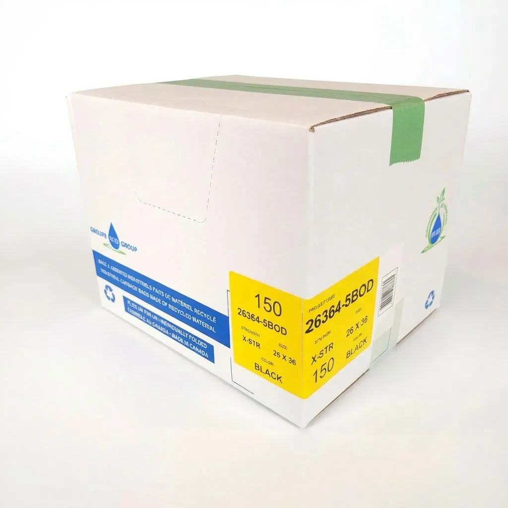 Carton blanc scellé, sac sanitaire CANGUARD, étiquettes écologiques et recyclage visible.