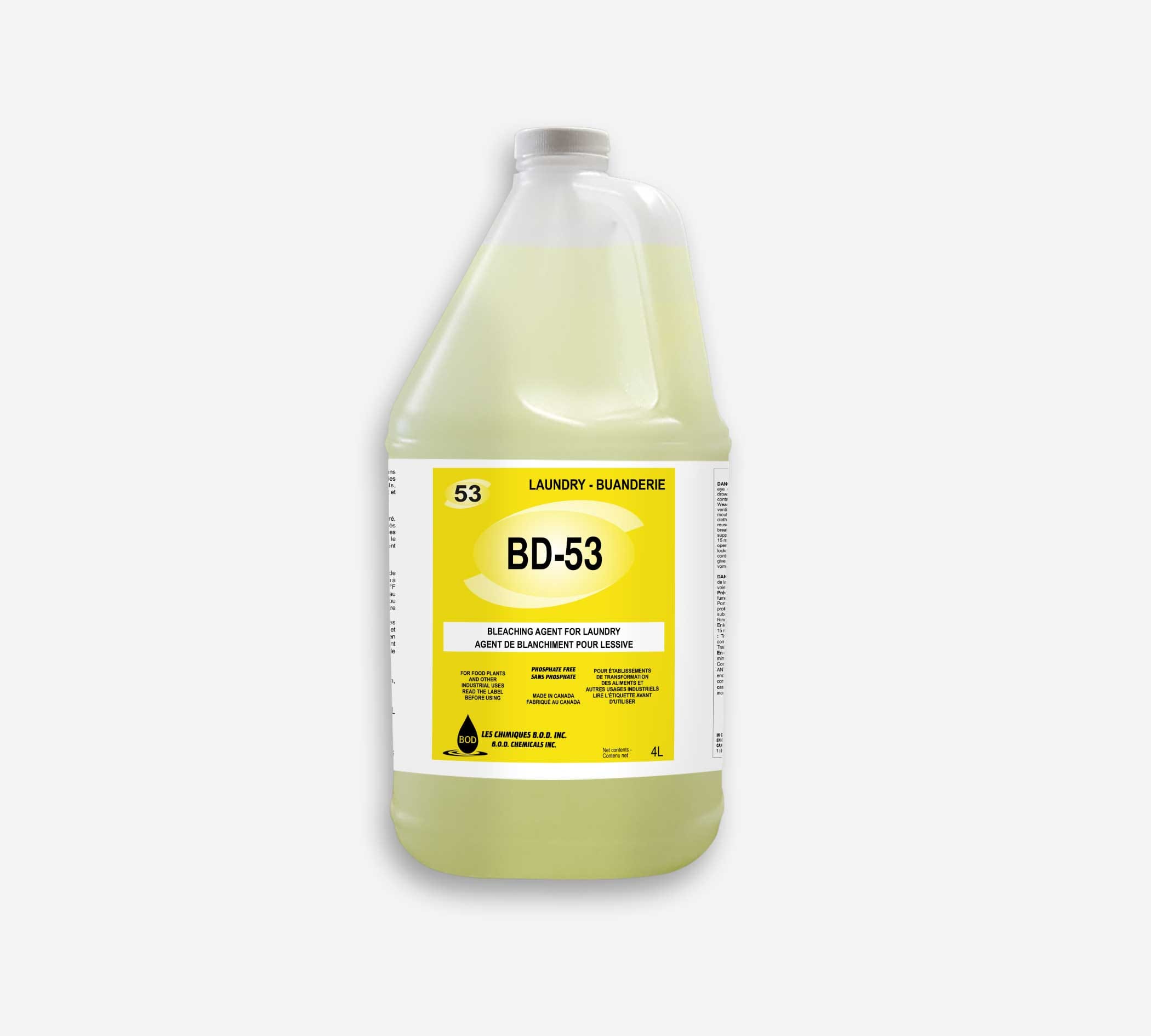 Bouteille BD-53 agent blanchiment lessive 4L liquide jaune-vert.