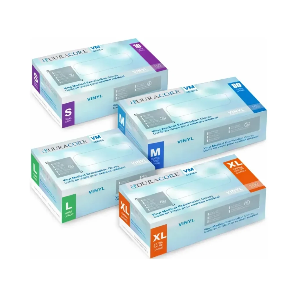 Gants médicaux DURACORE stériles, tailles S à XL, emballages colorés empilés pour usage sanitaire et entretien.