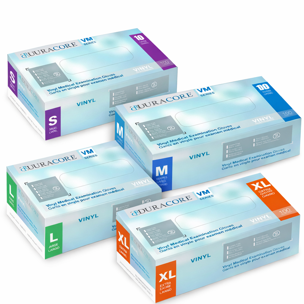Gants médicaux DURACORE stériles, tailles S à XL, emballages colorés empilés pour usage sanitaire et entretien.