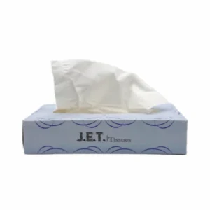 Boîte de mouchoirs bleue J.E.T., tissu blanc visible, idéale sanitaires et entretien, emballage hygiénique et écologique.