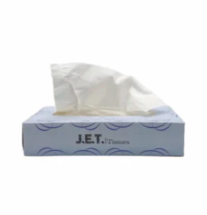 Boîte de mouchoirs bleue J.E.T., tissu blanc visible, idéale sanitaires et entretien, emballage hygiénique et écologique.