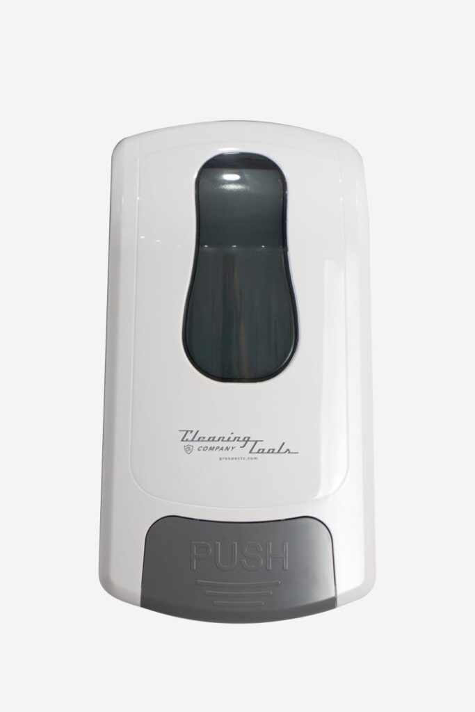 Distributeur de savon automatique blanc Cleaning Company pour sanitaire commercial.