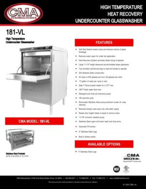 Lave-vaisselle à capot CMA-181 VL sans ventilation