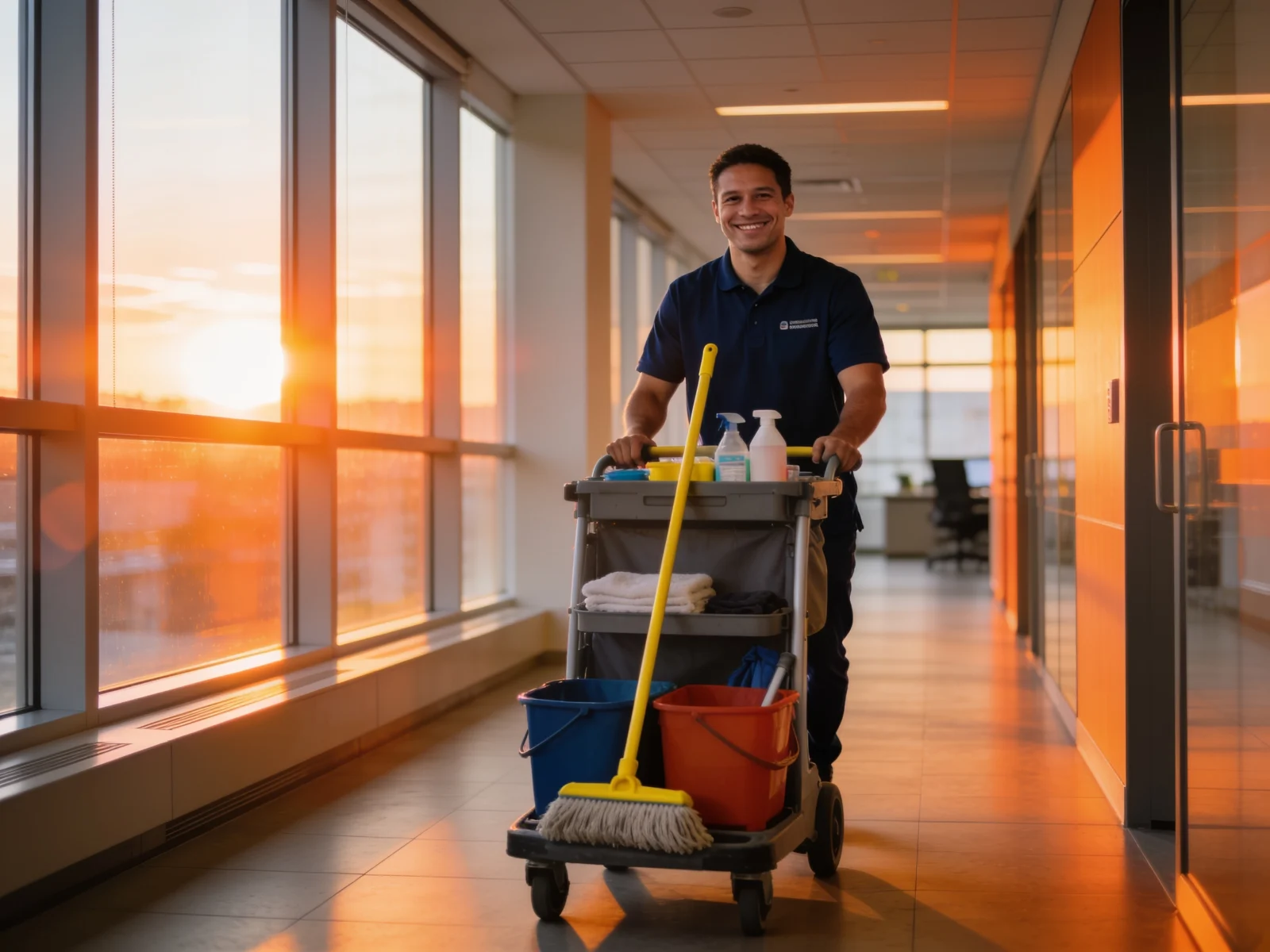 Préposé à l'entretien ménager souriant poussant son chariot de nettoyage dans un corridor baigné de soleil