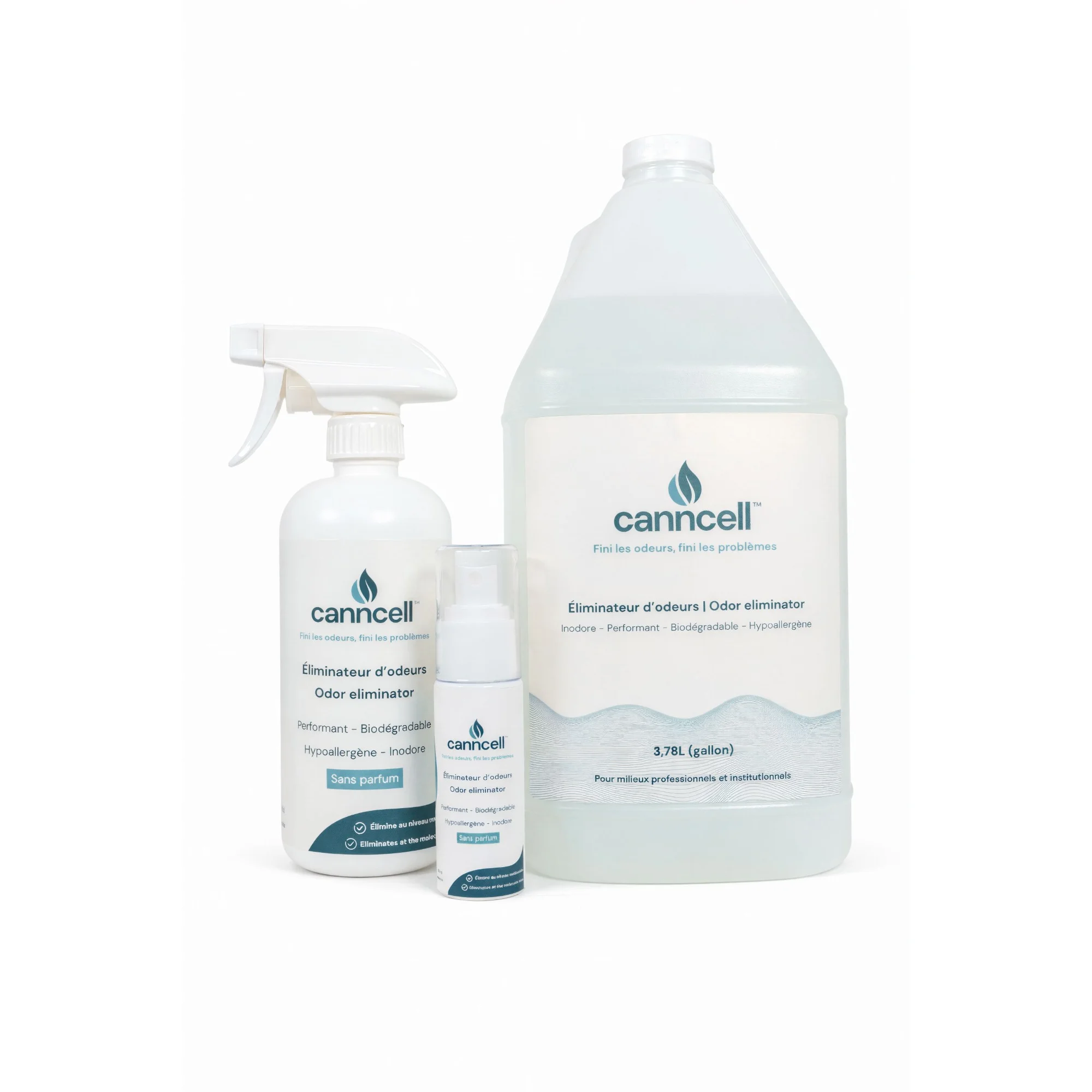 Gamme Canncell : éliminateur d'odeurs en 450 ml, 56 ml et 3,78 L