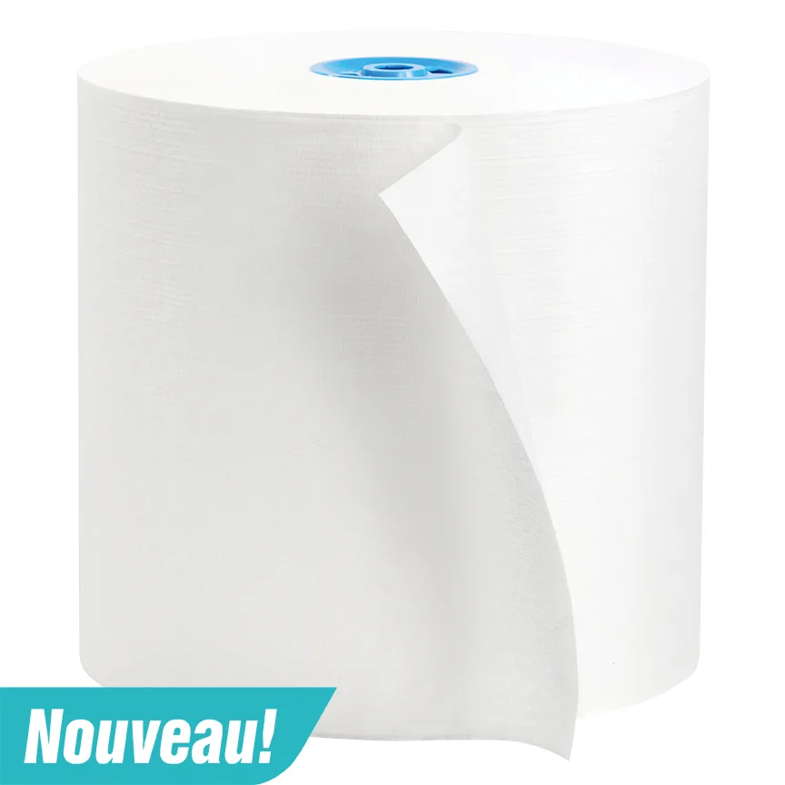 Rouleau d’essuie-mains blanc texturé Cascades PRO Signature T117, mandrin bleu pour distributrices Tandem