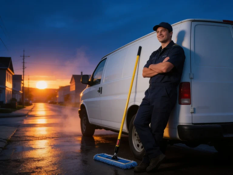 Chef d'équipe accoté sur son camion au lever du soleil