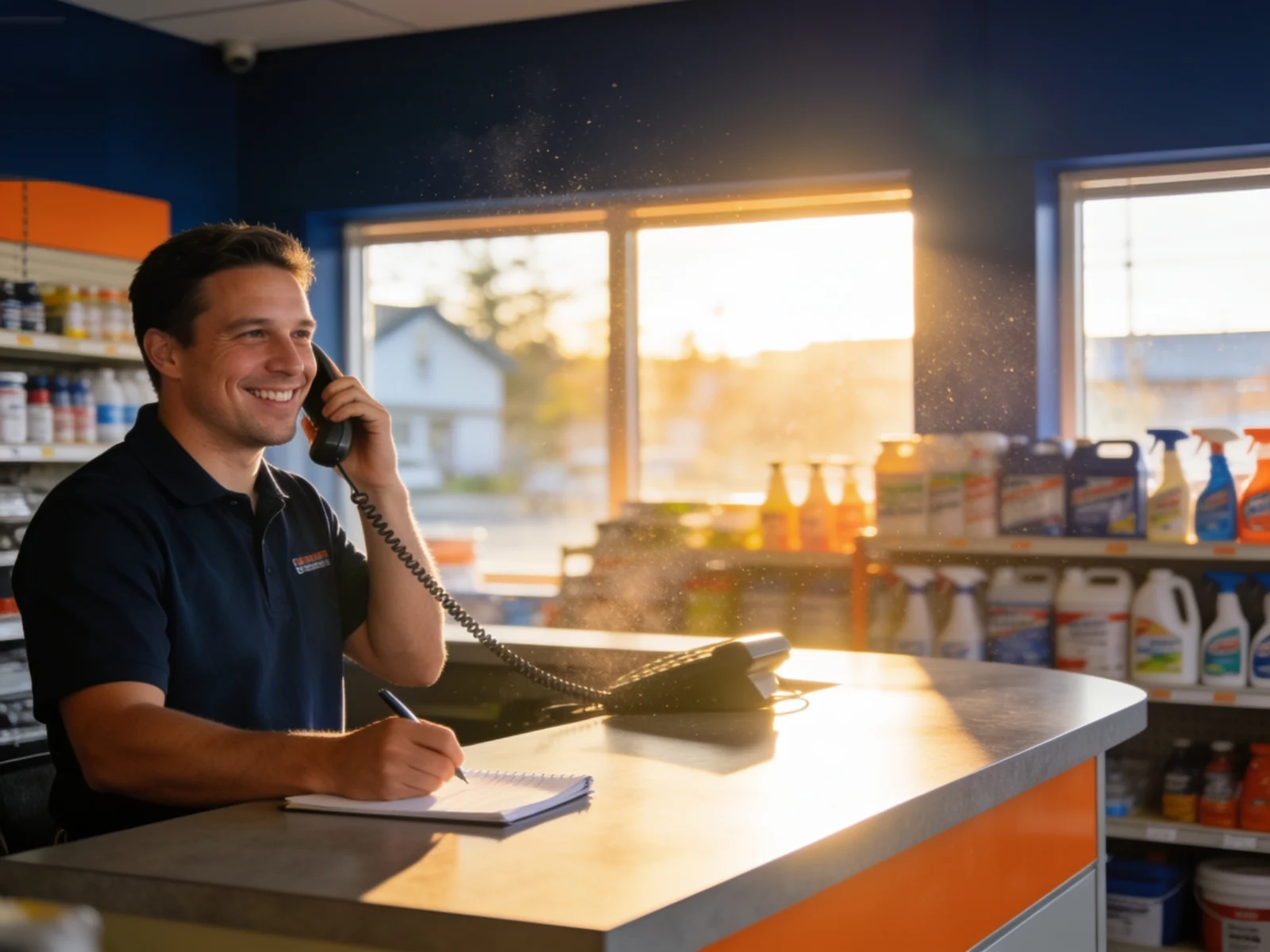Employé du service à la clientèle souriant au téléphone derrière le comptoir, lumière du matin